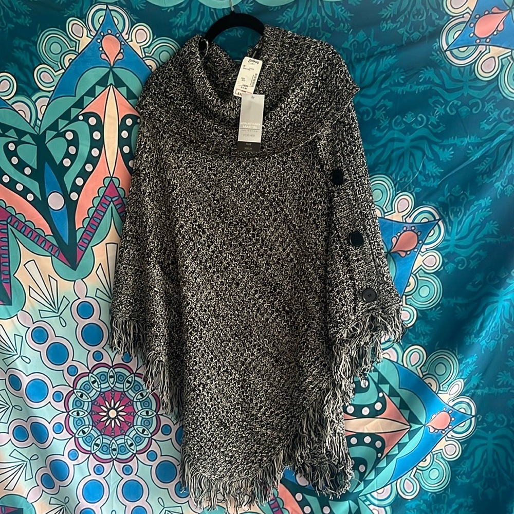 🆕 NWT Jonathan Martin Black 🖤& White 🤍 Fringed Poncho Size 2X